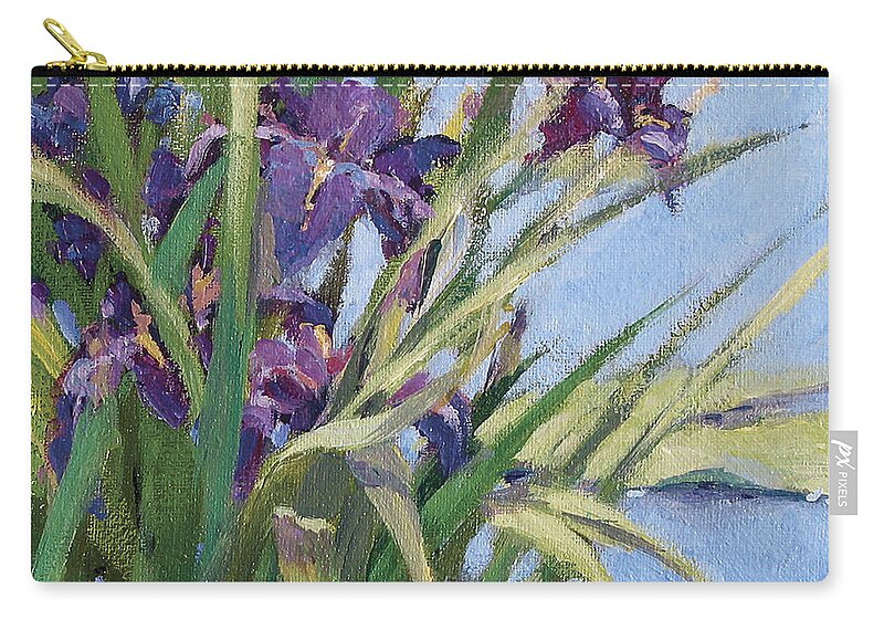 Purple Iris In Water Zip Pouch featuring the painting Sun Day - Iris in a Pond by L Diane Johnson