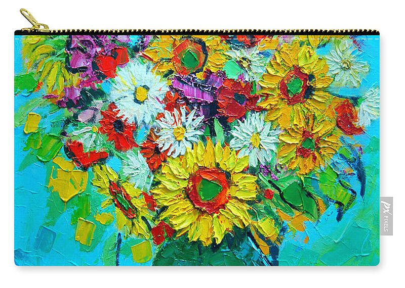 Floral Zip Pouch featuring the painting Sunflowers And Daises by Ana Maria Edulescu