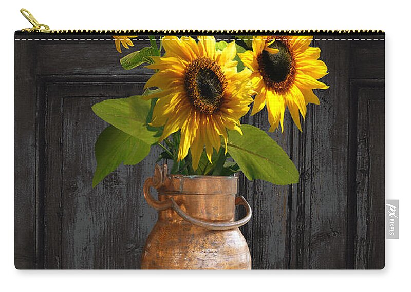 Sunflower Zip Pouch featuring the digital art Sunflowers in Copper Milk Can by M Spadecaller