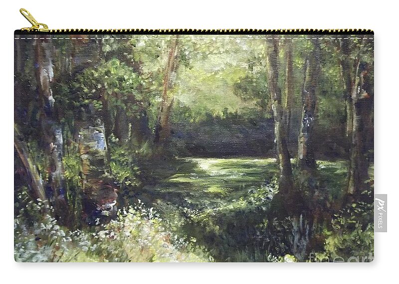 Sunlight Zip Pouch featuring the painting Sunlight Clearing In The Woods by Lizzy Forrester