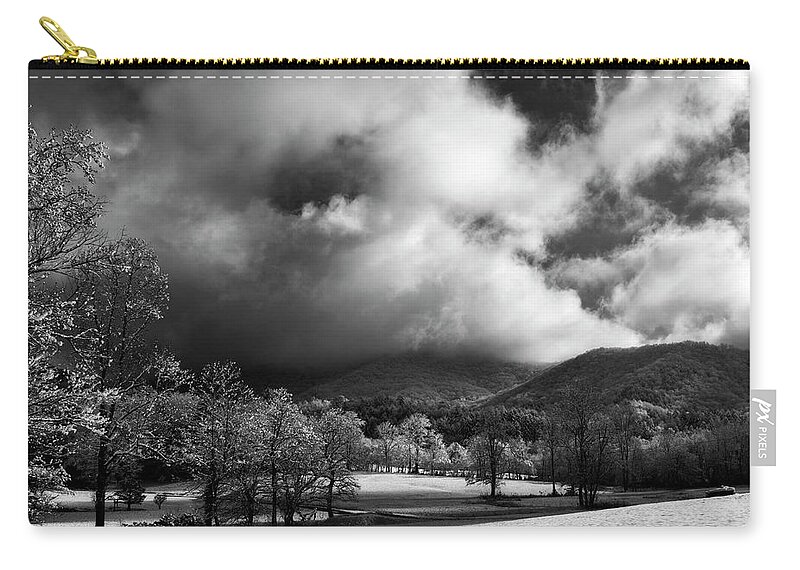 Snow Zip Pouch featuring the photograph Sunlight Clouds And Snow In Black and White by Greg and Chrystal Mimbs
