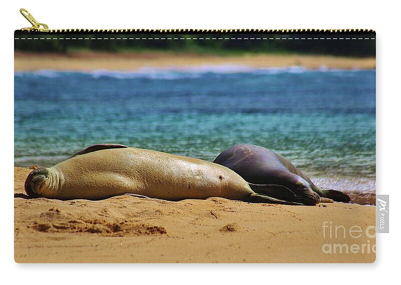 Hawaiian Monk Seal Zip Pouch featuring the photograph Sunning on the Beach in Hawaii by Craig Wood