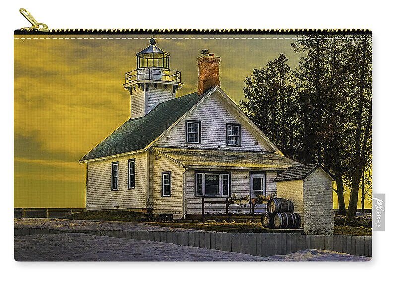 Mission Zip Pouch featuring the photograph Sunrise at Mission Point Light by Nick Zelinsky Jr