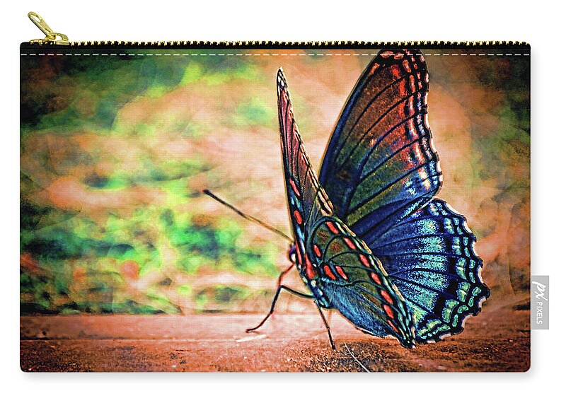 Butterfly On Wood Zip Pouch featuring the mixed media Sunrise Flutter by Lesa Fine