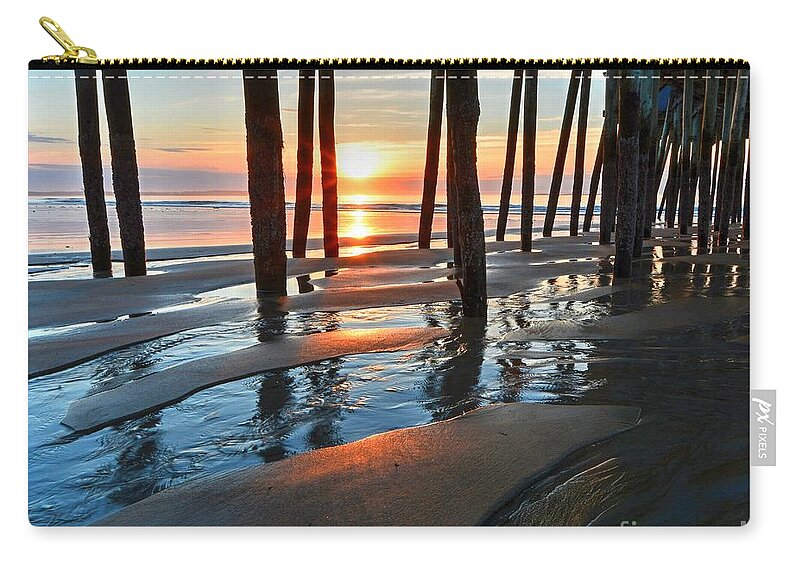Old Orchard Beach Pier Zip Pouch featuring the photograph Sunrise Through the Pier by Steve Brown