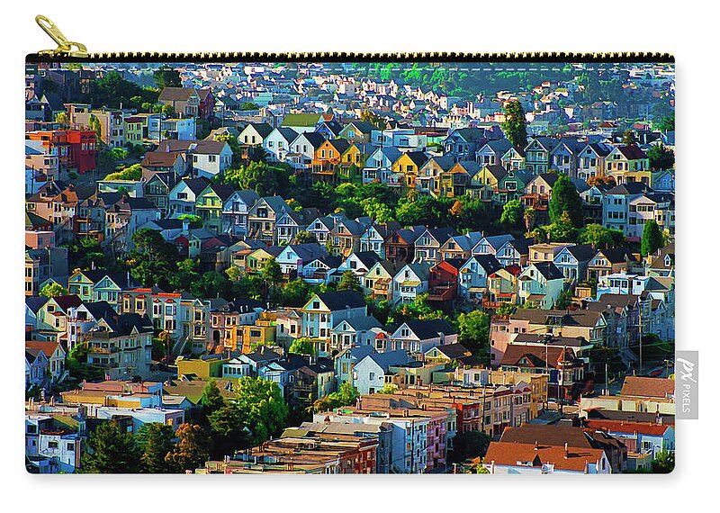 Noe Valley Zip Pouch featuring the digital art Sunrise View Noe Valley San Francisco California 1988, Dry Brush Style by Kathy Anselmo