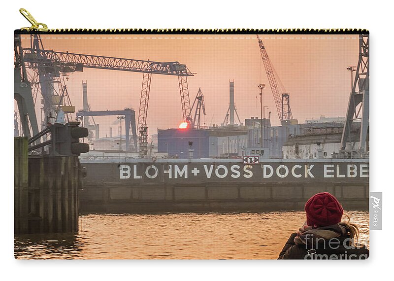 Sunset In Hamburg Port By Marina Usmanskaya Zip Pouch featuring the photograph Sunset in Hamburg Port Germany by Marina Usmanskaya