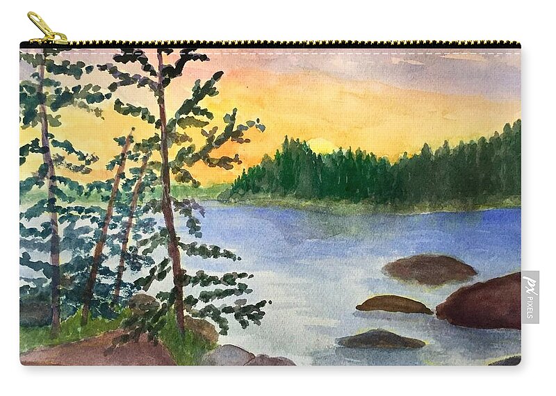 New England Zip Pouch featuring the painting Sunset in Stonington Maine by Anne Sands