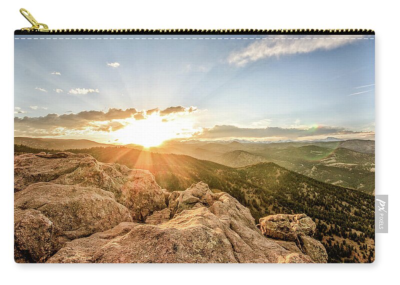 Boulder Zip Pouch featuring the photograph Sunset over the Mountains of Flaggstaff Road in Boulder, Colorad by Peter Ciro