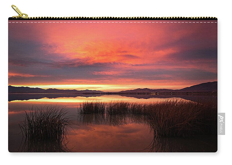 Sunset Zip Pouch featuring the photograph Sunset Reeds on Utah Lake by Wesley Aston