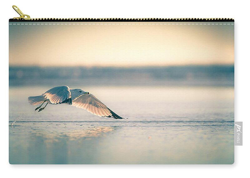Seagull Zip Pouch featuring the photograph Sunset Seagull Takeoffs by T Brian Jones