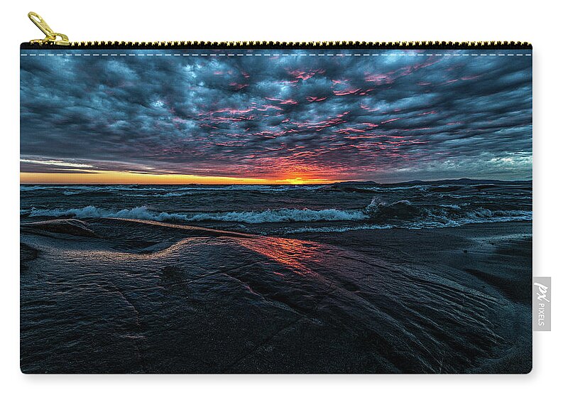 Lake Superior Zip Pouch featuring the photograph Sunset Surf by Doug Gibbons