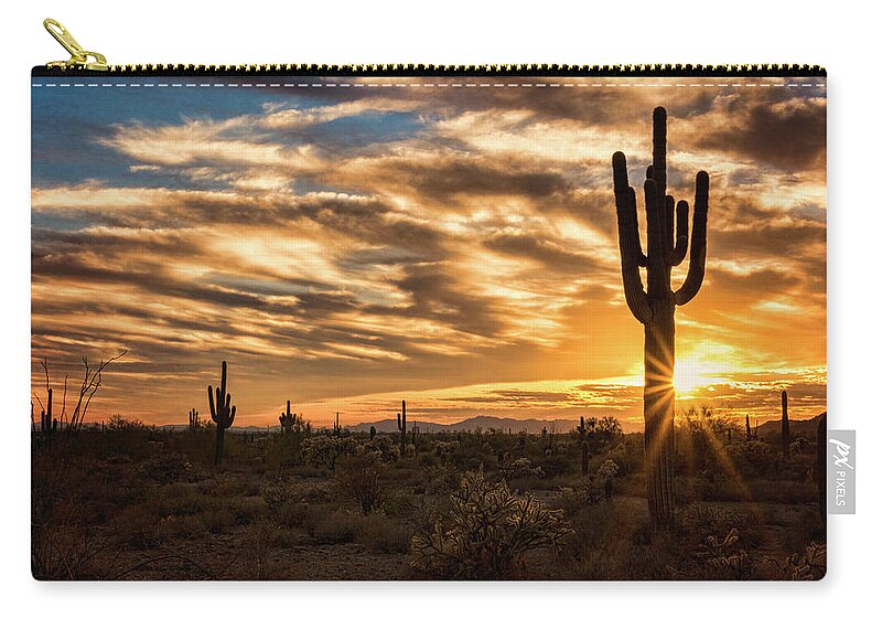 Saguaro Sunset Zip Pouch featuring the photograph Sunstar Saguaro Sunset by Saija Lehtonen