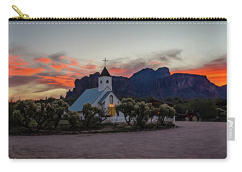 Superstition Mountains Zip Pouch featuring the photograph Superstition Sunrise II by Mike Ronnebeck