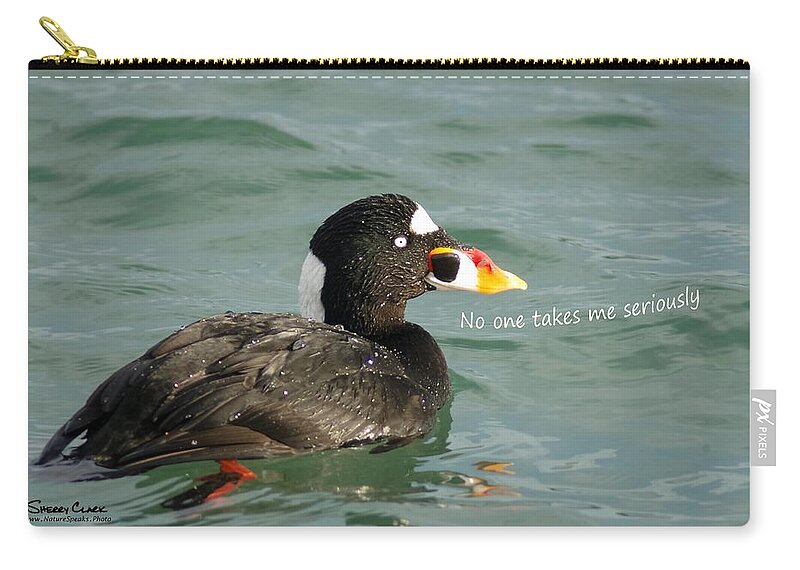  Zip Pouch featuring the photograph Surf Scoter says No One Takes Me Seriously by Sherry Clark
