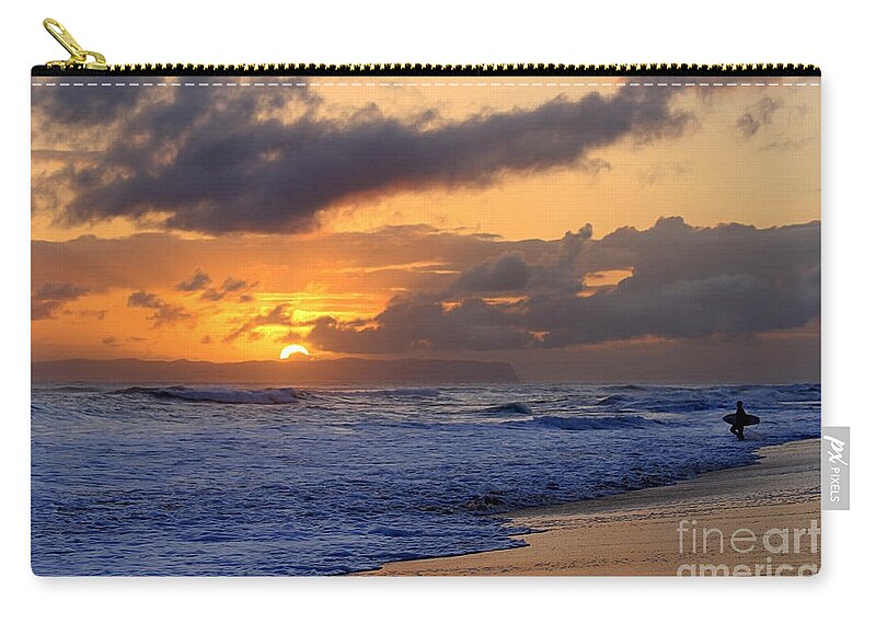 Kauai Zip Pouch featuring the photograph Surfer at Sunset on Kauai Beach With Niihau on Horizon by Catherine Sherman