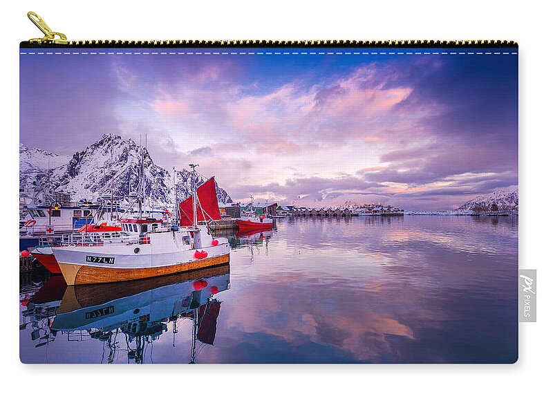 Lofoten Zip Pouch featuring the photograph Svolvaer Harbor by Philippe Sainte-Laudy