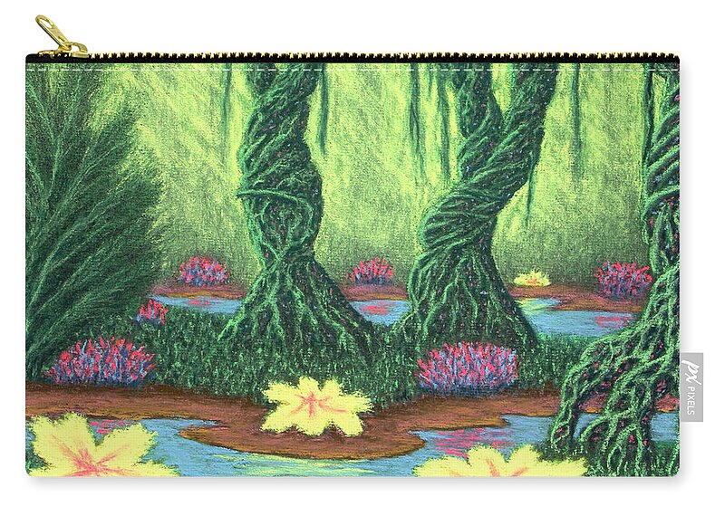 #swamp #things #trees #water #mist #light #plants #flowers #fantasy #scenic #chalk #pastel #landscape Zip Pouch featuring the pastel Swamp Things 02, Diptych Panel A by Michael Heikkinen