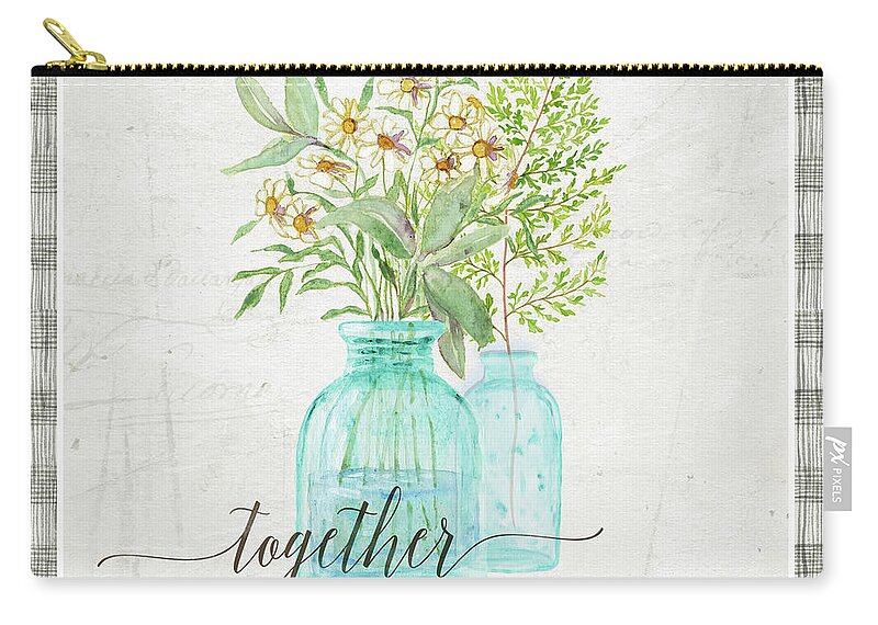 Vintage Zip Pouch featuring the painting Sweet Life Farmhouse 6 Daisy Fern Frond Bouquet Vintage Aqua Glass Bottles by Audrey Jeanne Roberts