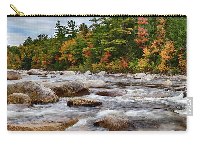 Albany New Hampshire Zip Pouch featuring the photograph Swift River runs through fall colors by Jeff Folger