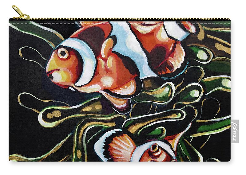 Clownfish Ocean Aquarium Pet Anemone Reef Orange Green Fish Sea Zip Pouch featuring the painting Symbiosis by Tiffany Brazell