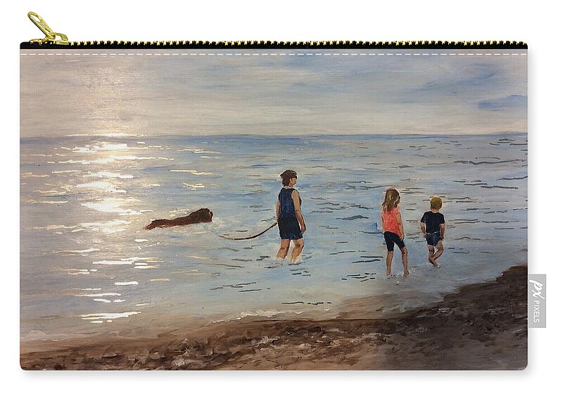Newfoundland Dog Zip Pouch featuring the painting Taking a Newfoundland for a walk along the beach by Ellen Canfield