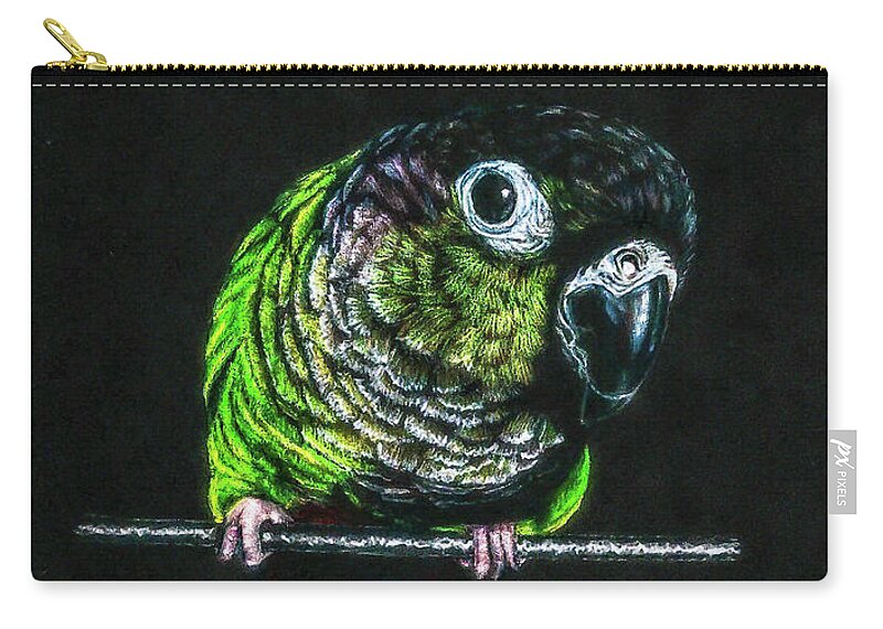 Green Cheek Conure Zip Pouch featuring the drawing Tango by Kelly Strope