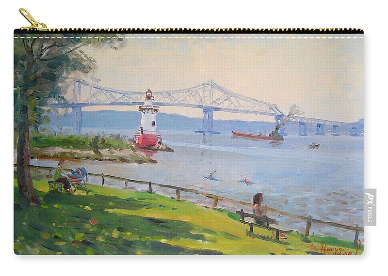 Tappan Zee Bridge And Light House Zip Pouch featuring the painting Tappan Zee bridge and light house by Ylli Haruni