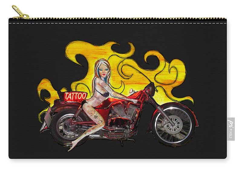 Pop Art Style Pretty Pinup Bikini Biker Girl With Tattoos Of Playing Card Symbols Zip Pouch featuring the photograph Tattoo pinup girl on her motorcycle by Tom Conway