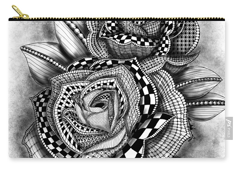 Tattoo Rose. Rose Zip Pouch featuring the drawing Tattoo Rose Greyscale by Becky Herrera