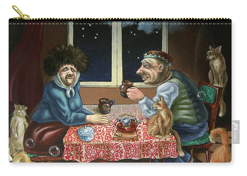 Tea Party Zip Pouch featuring the painting Tea with cats by Victor Molev