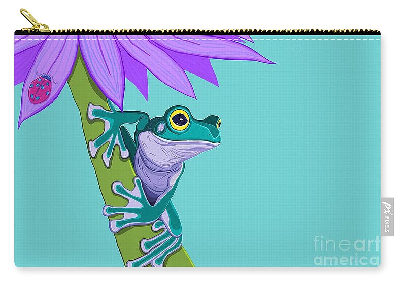 Frogs Zip Pouch featuring the painting Teal Frog and Purple Flower by Nick Gustafson