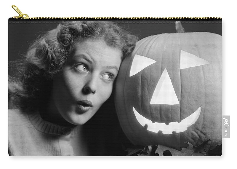1940s Zip Pouch featuring the photograph Teen Girl With Jack-o-lantern, C.1940s by H. Armstrong Roberts/ClassicStock