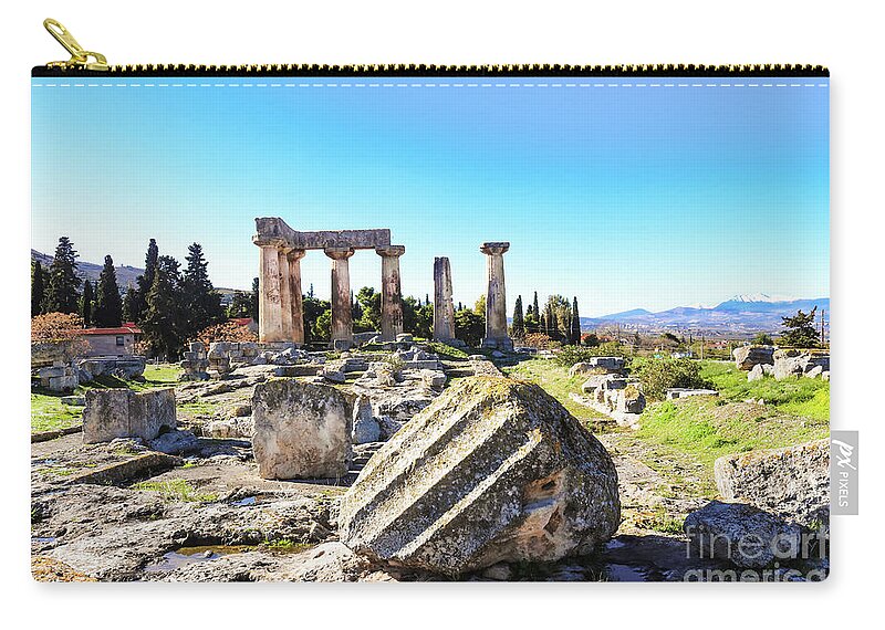 Fallen Column Zip Pouch featuring the photograph Temple of Apollo in Ancient Corinth by Susan Vineyard