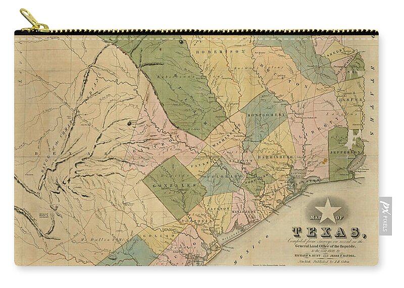 Texas Zip Pouch featuring the digital art Texas 1839, General Land Office of the Republic by Texas Map Store