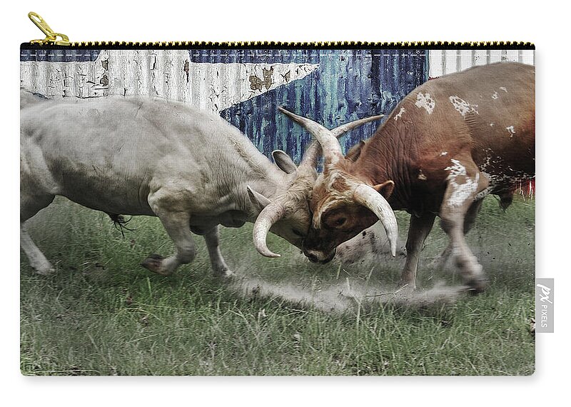 Texas Zip Pouch featuring the digital art Texas Bull Fight by Brad Thornton