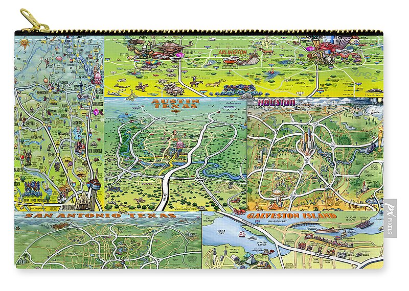 Texas Zip Pouch featuring the digital art Texas FUN Maps by Kevin Middleton