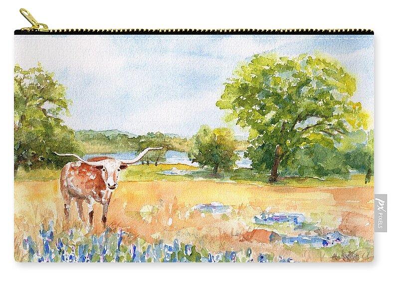 Longhorn Zip Pouch featuring the painting Texas Longhorn and Bluebonnets by Carlin Blahnik CarlinArtWatercolor