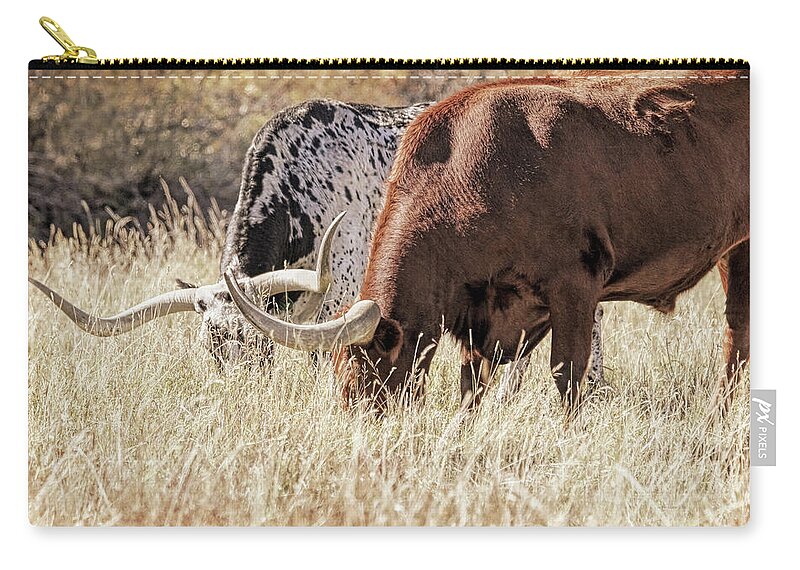 Texas Longhorn Zip Pouch featuring the photograph Texas Longhorn Steers Grazing by Jennie Marie Schell