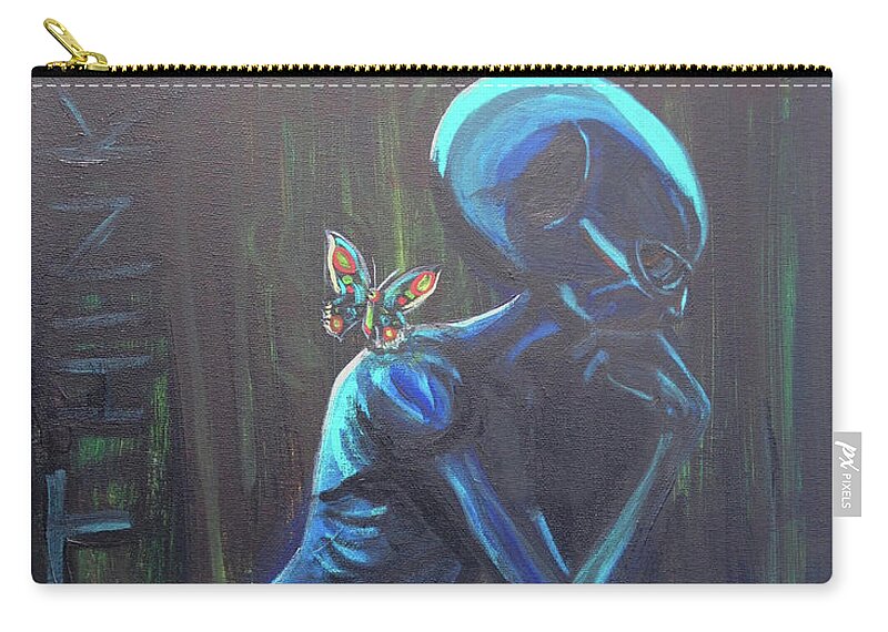 The Thinker Zip Pouch featuring the painting The Alien Thinker by Similar Alien