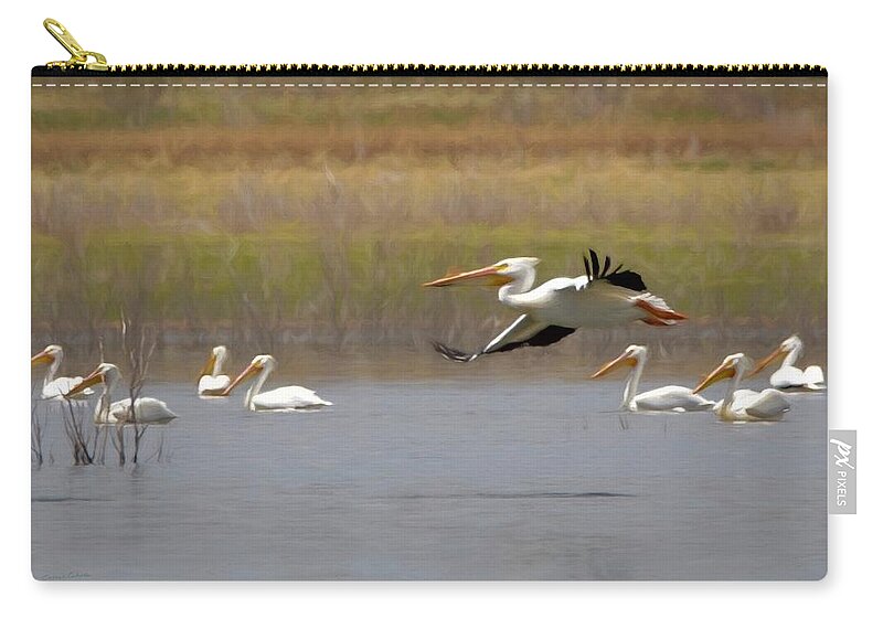 American White Pelican Zip Pouch featuring the digital art The American White Pelicans by Ernest Echols