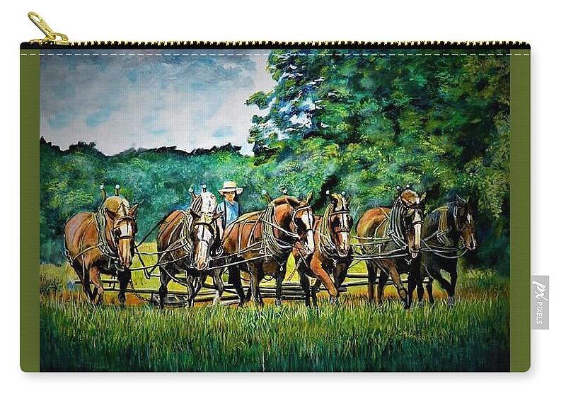 Amish Zip Pouch featuring the painting The Amish Team by Mike Benton