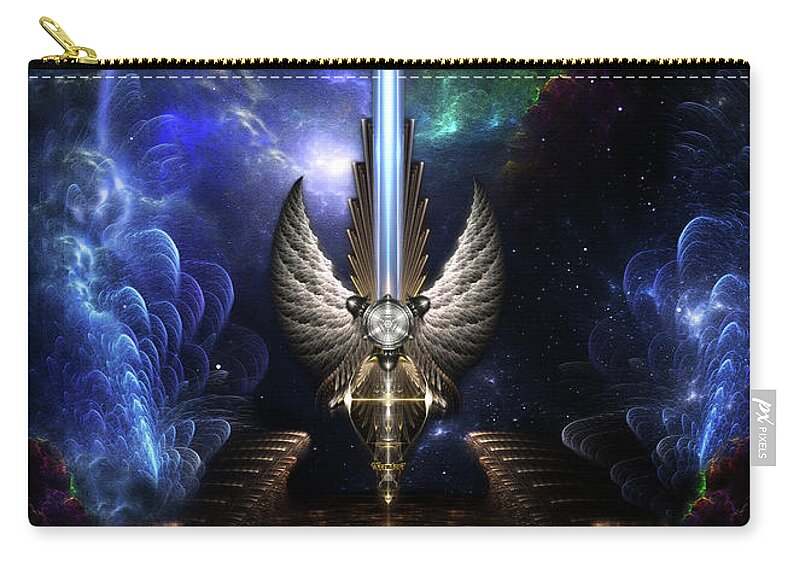 Angel Wing Sword Of Arkledious Carry-all Pouch featuring the digital art The Angel Wing Sword Of Arkledious Space Fractal Art Composition by Rolando Burbon