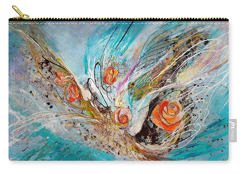Modern Jewish Art Zip Pouch featuring the painting The Angel Wings #10. The five roses by Elena Kotliarker