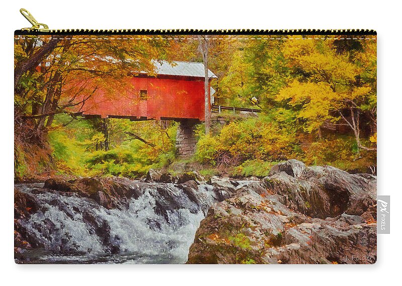 Slaughterhouse Covered Bridge Zip Pouch featuring the photograph The autumn colors arrive by Jeff Folger