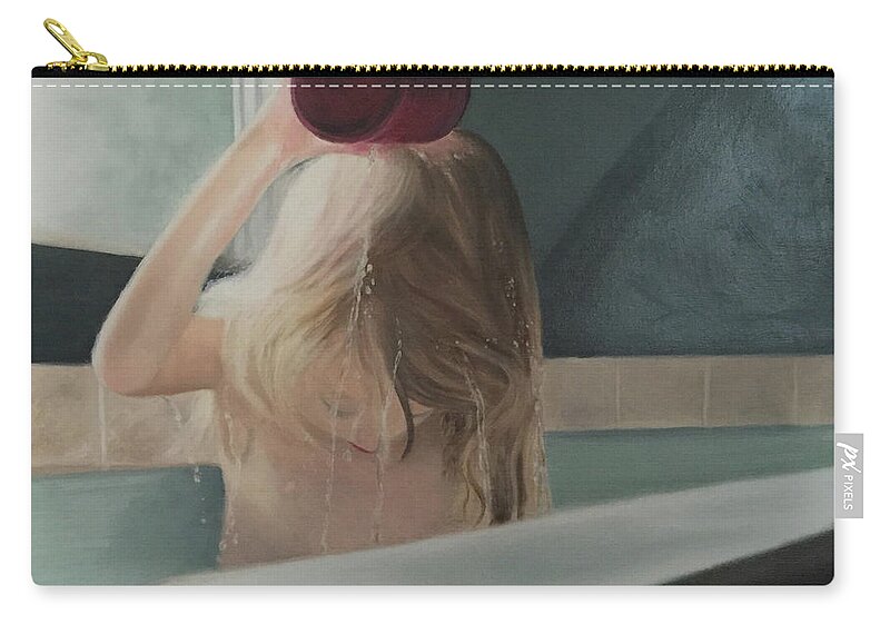 Child; Water; Bathing; Tub; Contemplation; Hair; Pouring Water Carry-all Pouch featuring the painting The Bath by Marg Wolf