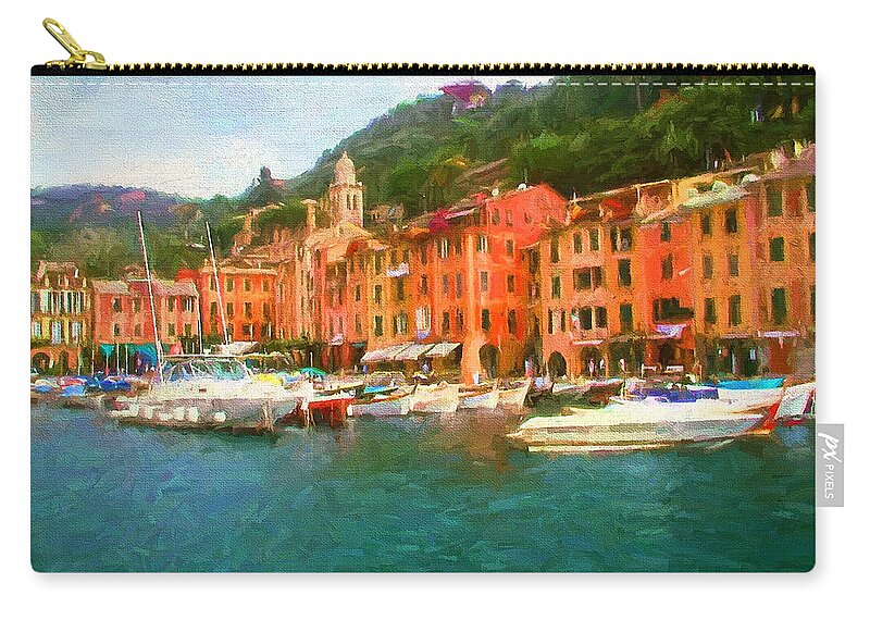 Painting Zip Pouch featuring the painting The Beautiful Harbor of Portofino by Mitchell R Grosky