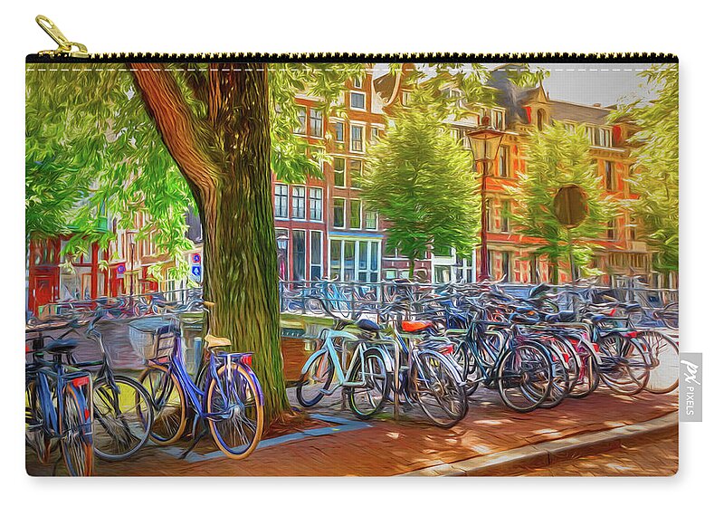 Spring Zip Pouch featuring the photograph The Bicycles of Amsterdam Watercolor Painting by Debra and Dave Vanderlaan