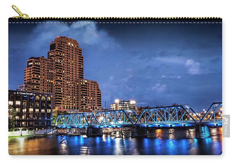 Bridge Zip Pouch featuring the photograph The Blue Walking Bridge at Night in Grand Rapids by Randall Nyhof