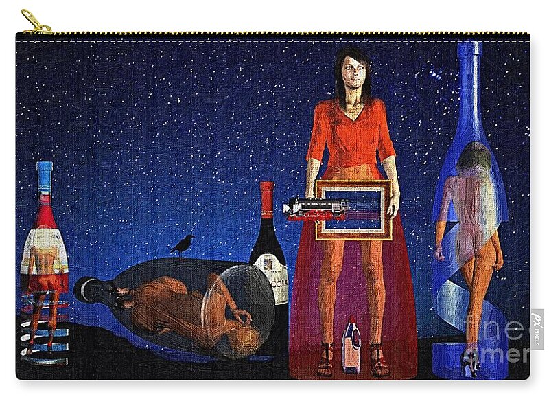 Surrealism Zip Pouch featuring the digital art The Blues Of The Train And Women Bottled by Silvano Franzi